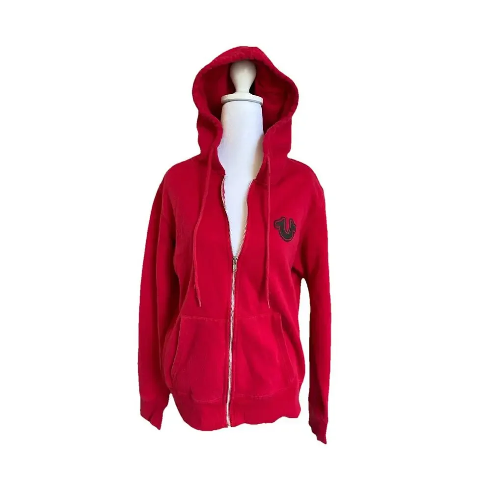 True Religion Zip Hoodie Buddha Logo Red Sweatshirt Retro Grunge Skater Core MED